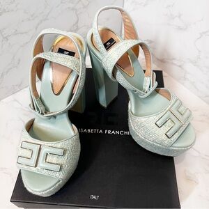 Elisabetta Franchi Tweed Platform Block Heels Sandals Seafoam Blue Size 6.5
